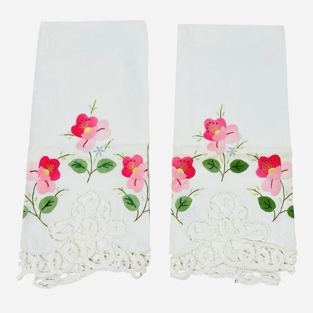 Vintage Pink Flower Linen Tea Towels Set 2 Lace Edge 22x14 Appliqué Embroidered